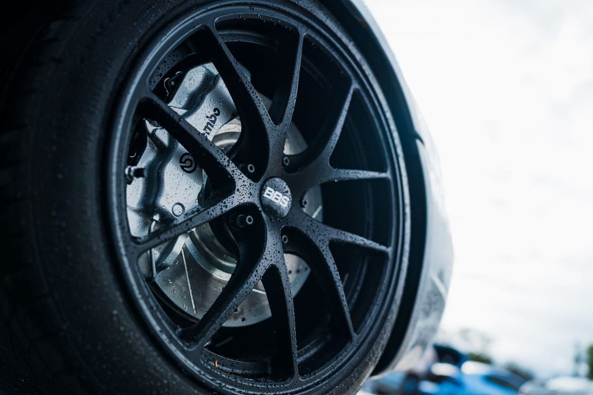 Close-up of an alloy wheel and brake caliper